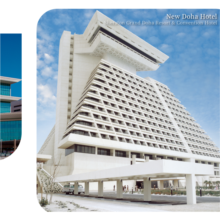 #New Doha Hotel(Sheraton Grand Doha Resort & Convention Hotel) This was Hyundai E&Cs first project in Qatar. The company built Qatars first five-star hotel by applying the latest design technology that enabled the construction of a pyramidal facade at the time.